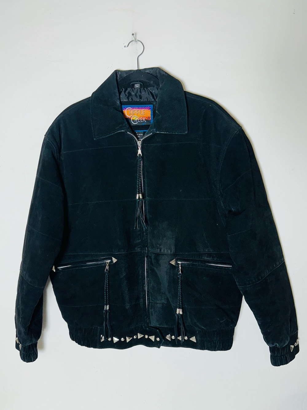 Vintage Cripple Creek Black Suede Leather Jacket L Studded Western Bomber Fringe